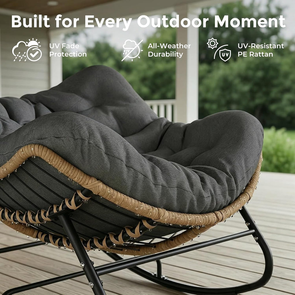 Papasan Rocking Chair Outdoor, Oversized Patio Egg Chair with Thick Cushion, Indoor Wicker Lounge Rocker Bed for