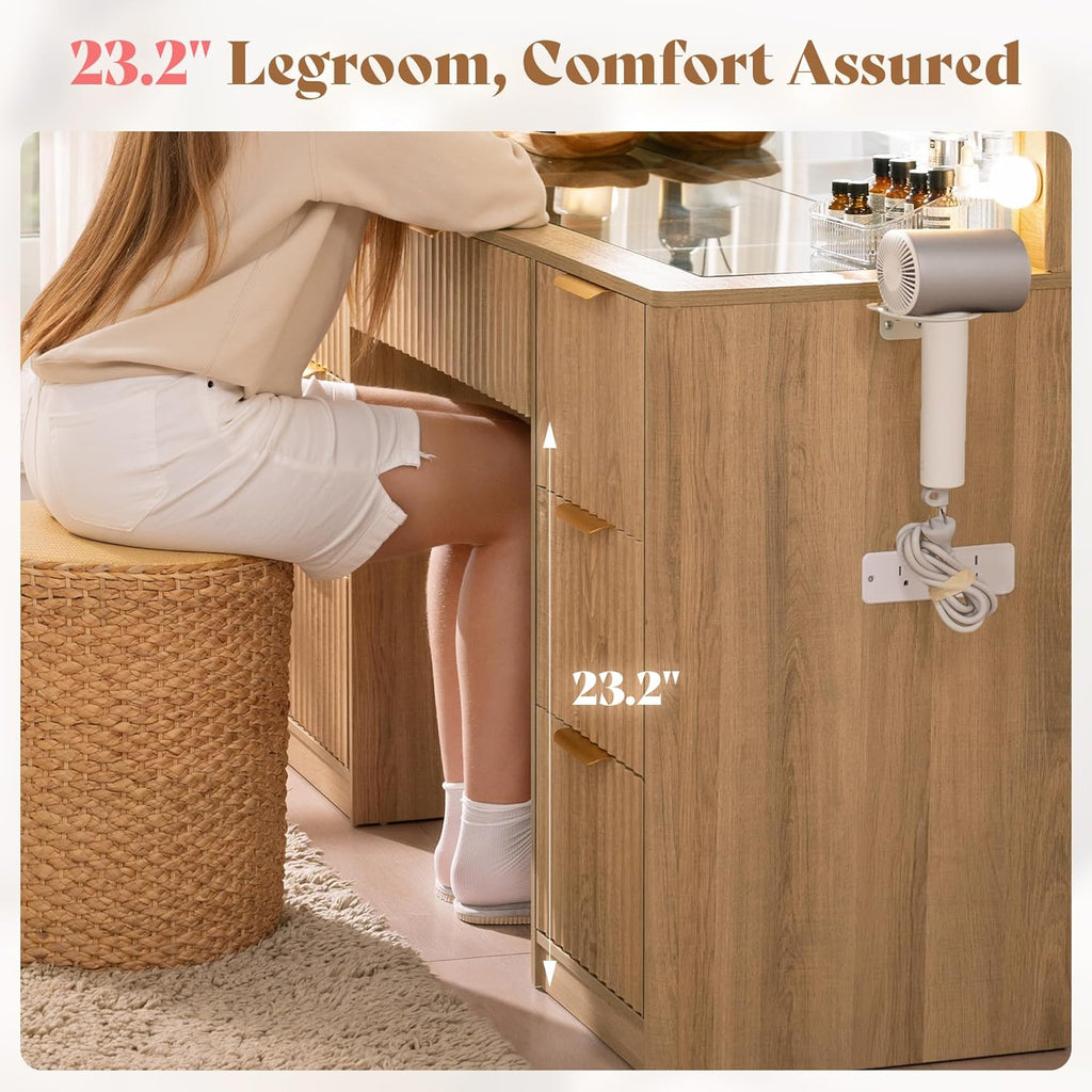 47.2" Fluted Vanity Desk with Mirror and Lights, Natural Oak | Large 7 Drawers Wood Makeup Vanity Table with Glass