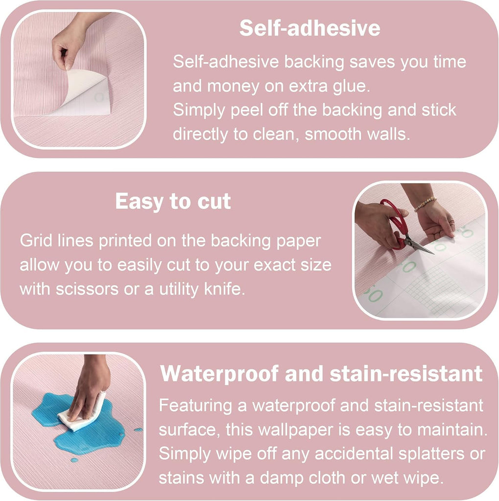 Grasscloth Textured Peel and Stick Wallpaper,Pink,24"x394" | Thickened,Self-Adhesive,Vinyl,LinenEmbossed,Contact