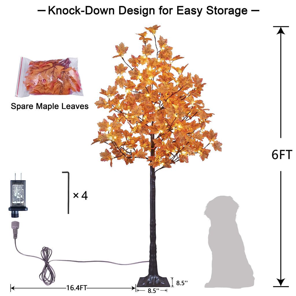 6FT Artificial Lighted Maple Tree Warm White Fall Decorations Indoor Ourdoor, Orange
