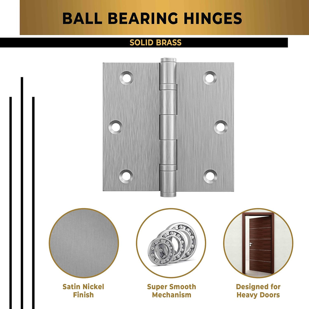Solid Brass Door Hinge Heavy Duty Ball Bearing Matte Silver 3.5 x 3.5 Inch - Set of 3 Hinges (Satin Nickel)