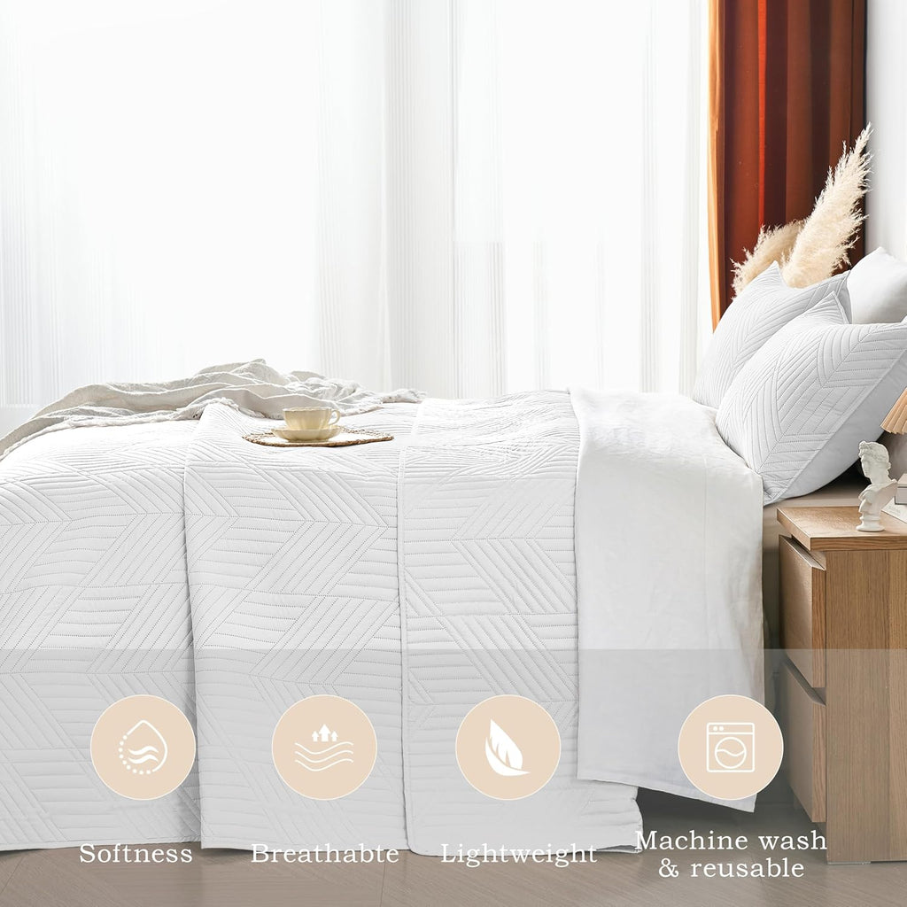 Quilt Bedding Set, White Ultrasonic Quilt Set Reversible Microfiber Bedspread, Lightweight Soft Modern