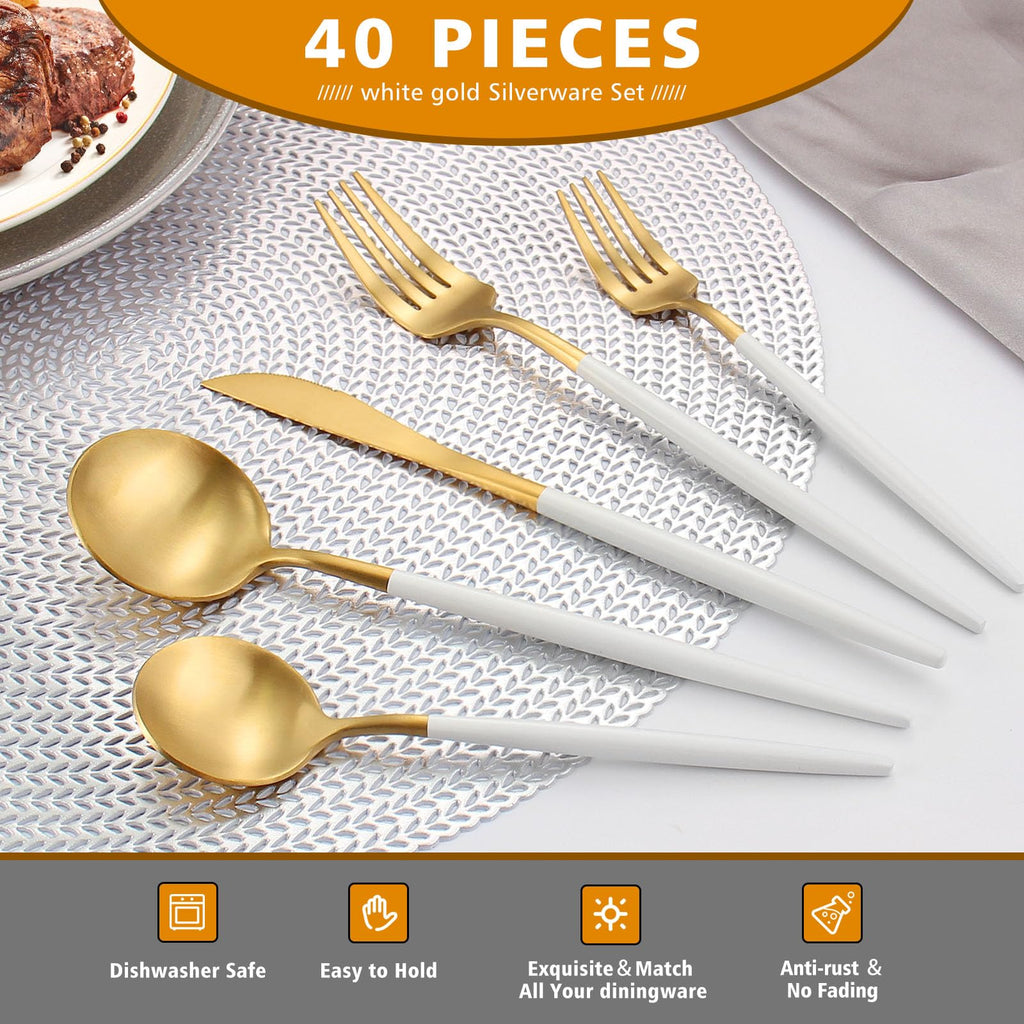 Matte White Gold Silverware Set, 40pcs Stainless Steel Flatware Set
