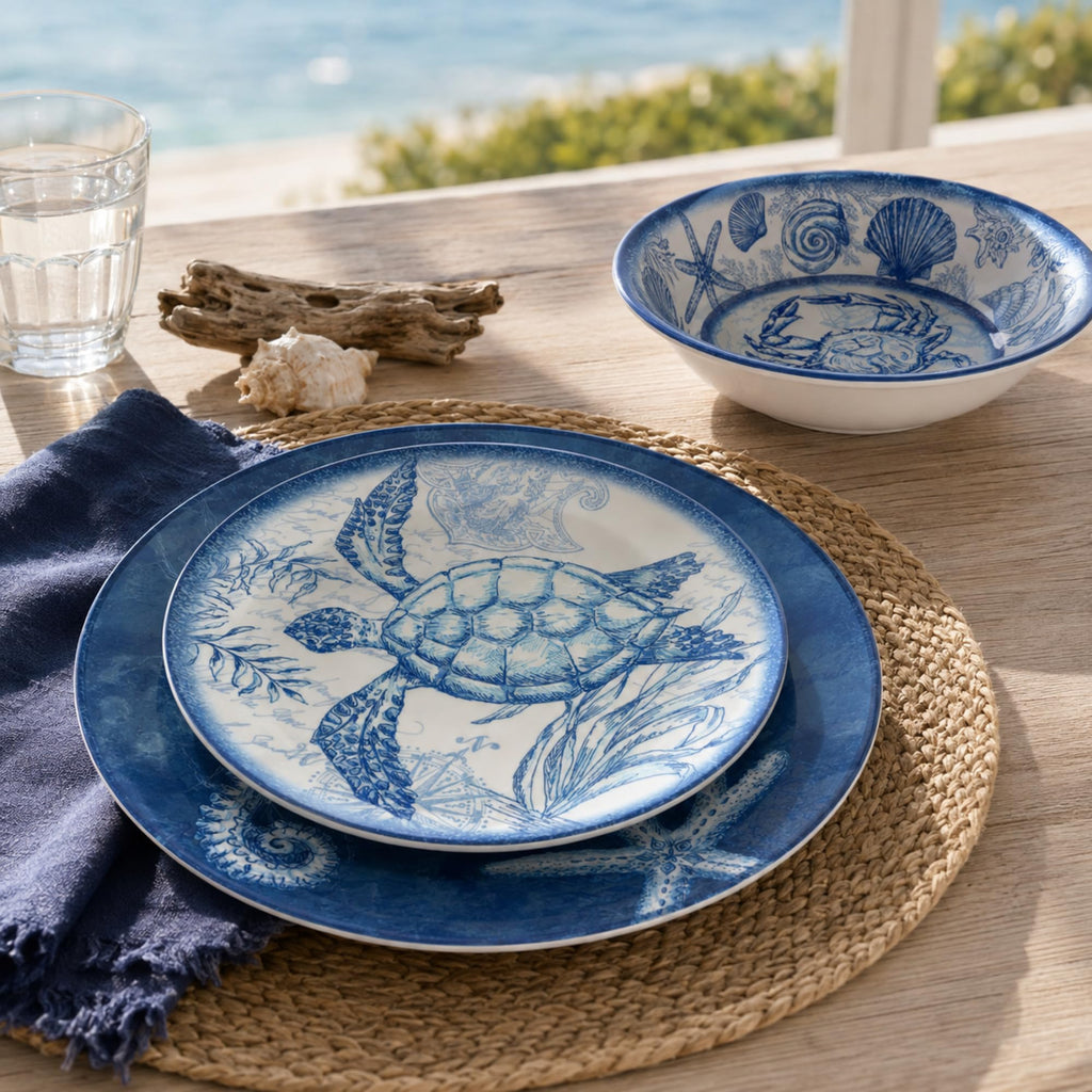 Oceanic 12 piece Melamine Dinnerware Set, Service for 4, Multi Colored