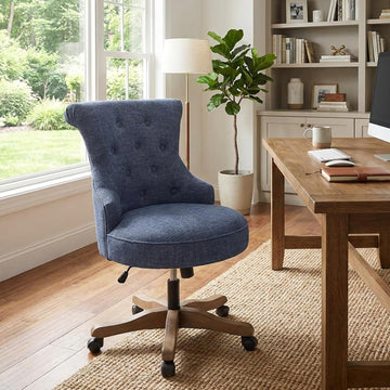 Home Upholstered Armless Desk Chair with Wheels Adjustable Height Computer Desk Chair with Wooden Legs Linen