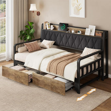 Twin to King Daybed, Convertible Sofa Bed with Trundle, Black | with Power Outlet, Padded Headboard, Storage Drawers