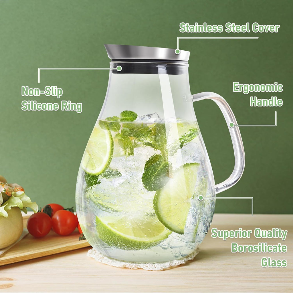 2 Liter Glass Pitcher, Water Pitcher with Removable Lid And Wide Handle, Easy Clean Juice Jug for Fridge, Beverage