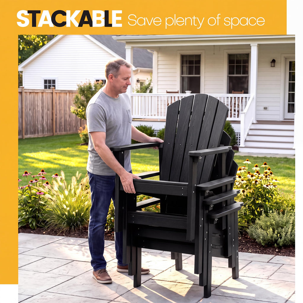 Compact Stackable Adirondack Chairs, All Weather HDPE, Black
