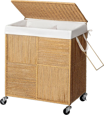 Double Laundry Hamper with Wheels, Handwoven Rolling Laundry Basket | 115L Dirty Clothes Hamper with Lid, Removable
