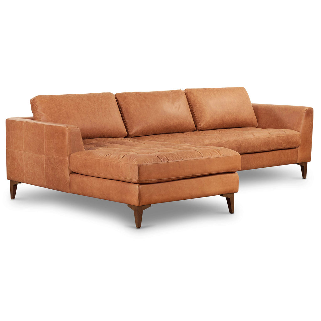 Calle Left-Facing Sectional Sofa, Full-Grain Pure-Aniline Italian Leather, Cognac Tan, Solid Wood Legs