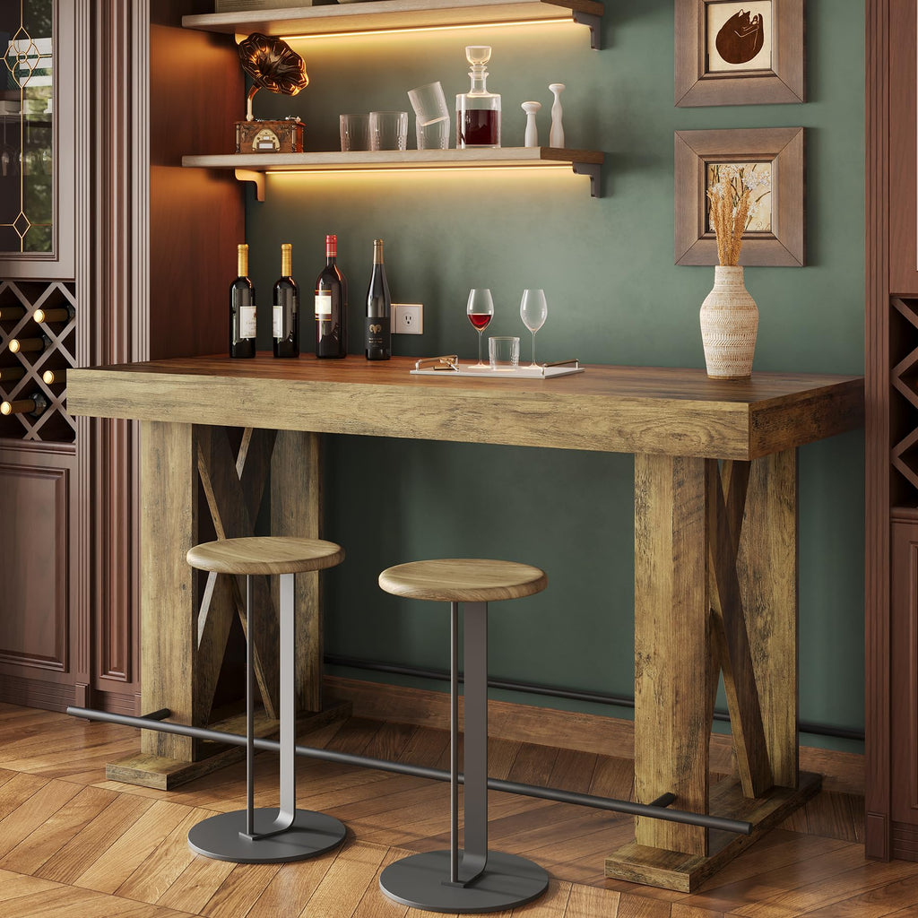 63" Bar Table, Pub Table with Metal Footrest (Rustic Brown, 1)