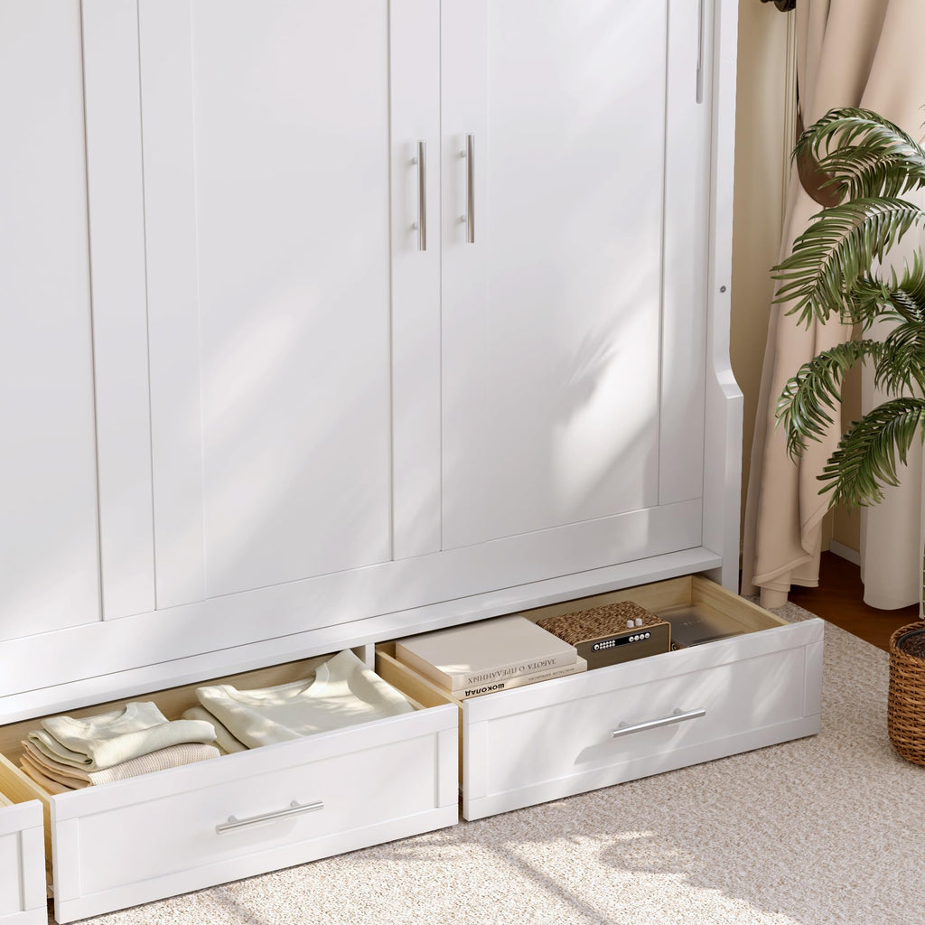 Full Size Horizontal Cabinet Murphy Bed with Side Cabinets, White