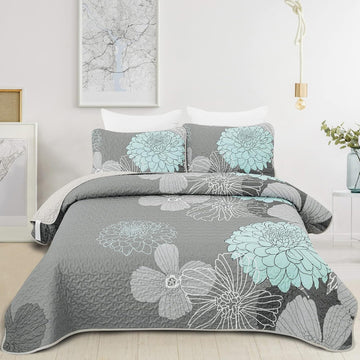Green Floral Quilt Set - 3 Pieces Boho Flower Quilt Coverlet Elegant Bohemian Bedspread with 2 Pillowcases Soft