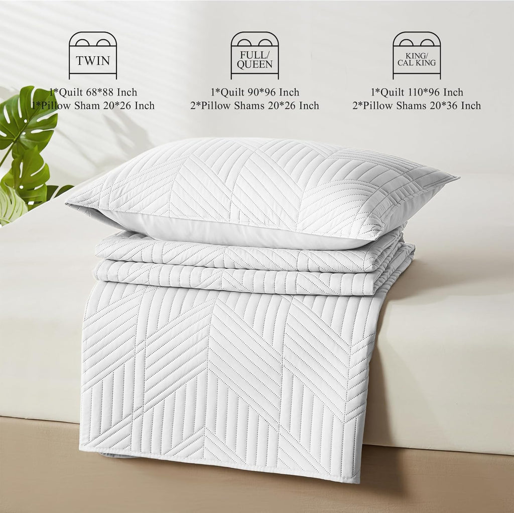 Quilt Bedding Set, White Ultrasonic Quilt Set Reversible Microfiber Bedspread, Lightweight Soft Modern