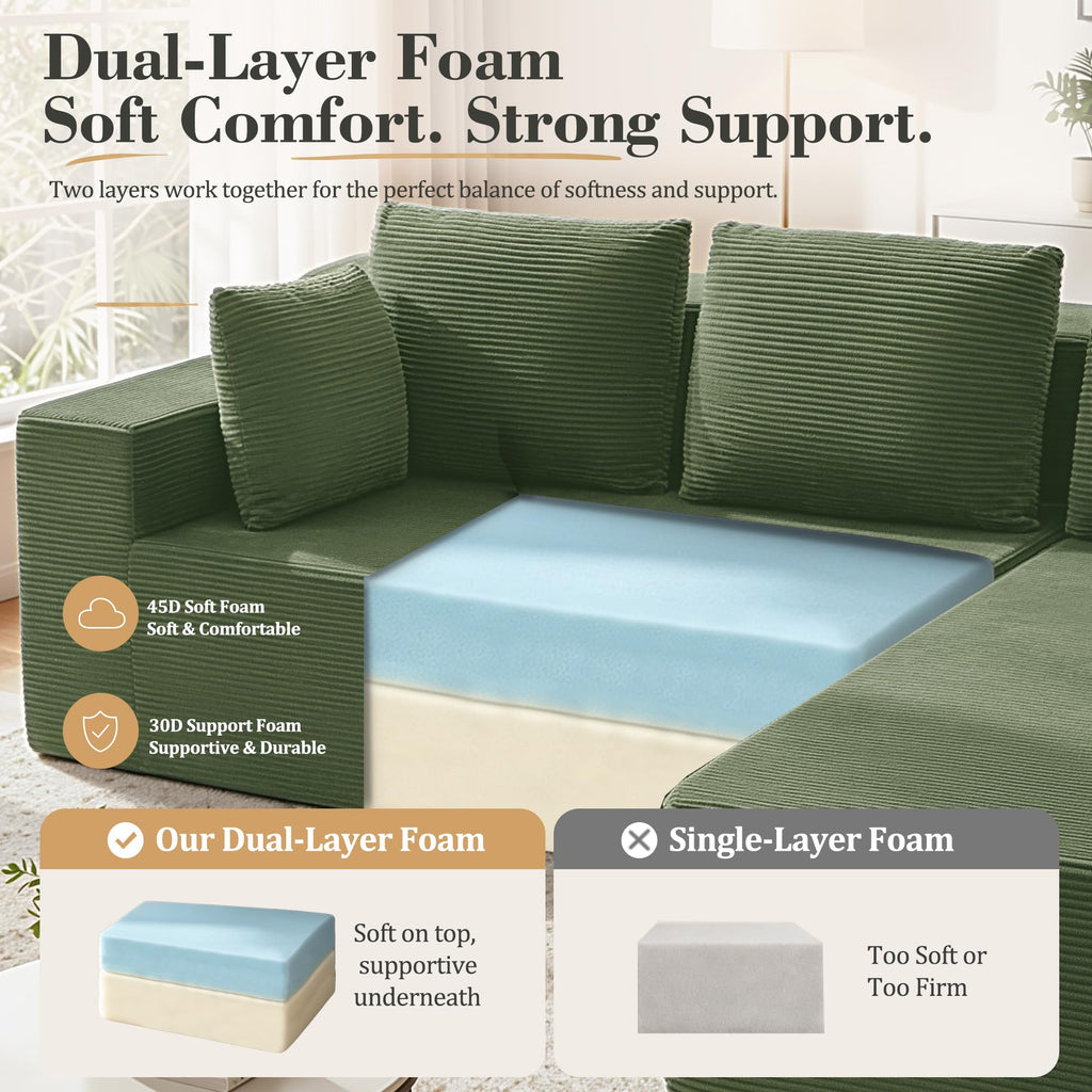 98" Cloud Sectional Boneless Couches, Modular L Shaped Corduroy Sofa with Left Facing Chaise, Dual-Layer