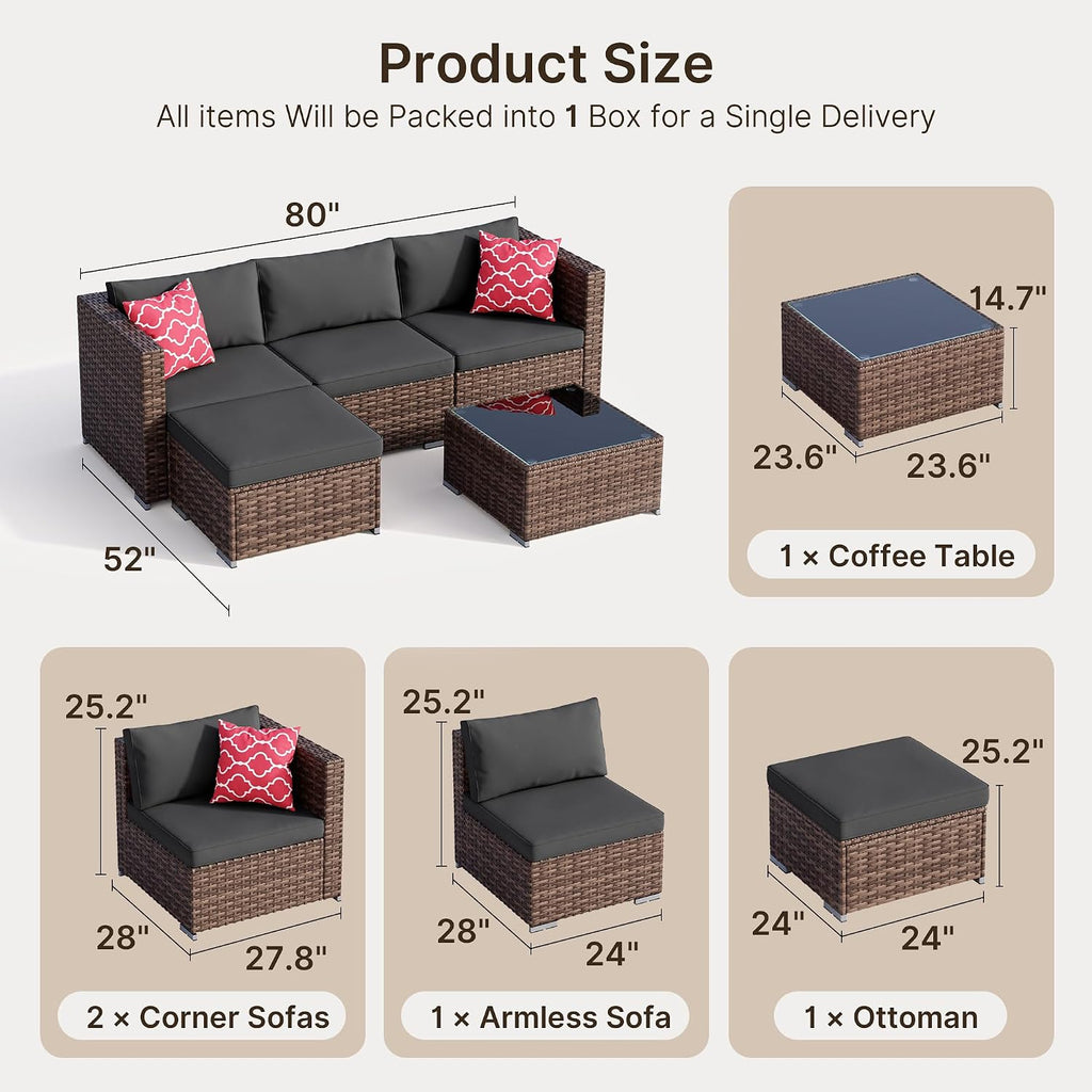 5-Piece Patio Furniture Set, Outdoor Couch, PE Rattan, Black | Patio Sectional Sofa with Plush Cushions and Glass