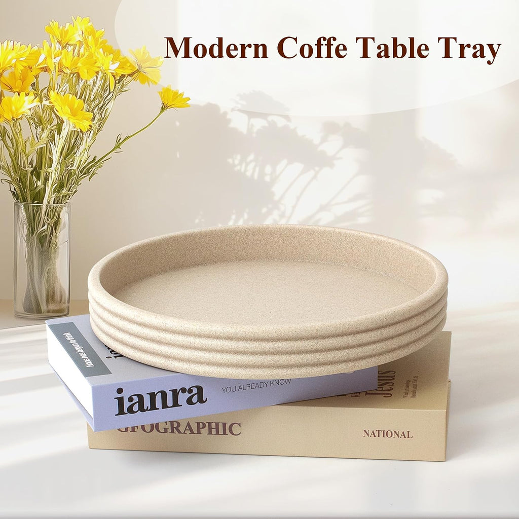 Round Decorative Tray, Modern Coffee Table Tray Decor 11" Resin Beige Tray | 4-Layer Ring Design Home Decor .