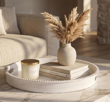 13 Inch Round White Centerpiece Tray with Handles - Plastic Distressed Wood Grain Decorative Serving Platter for