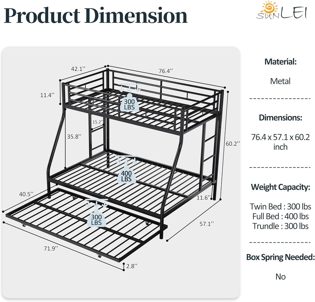 Metal Bunk Beds with Double Secured Ladders, Twin Over Full Bunk Bed with Surrounded Safety Guardrails