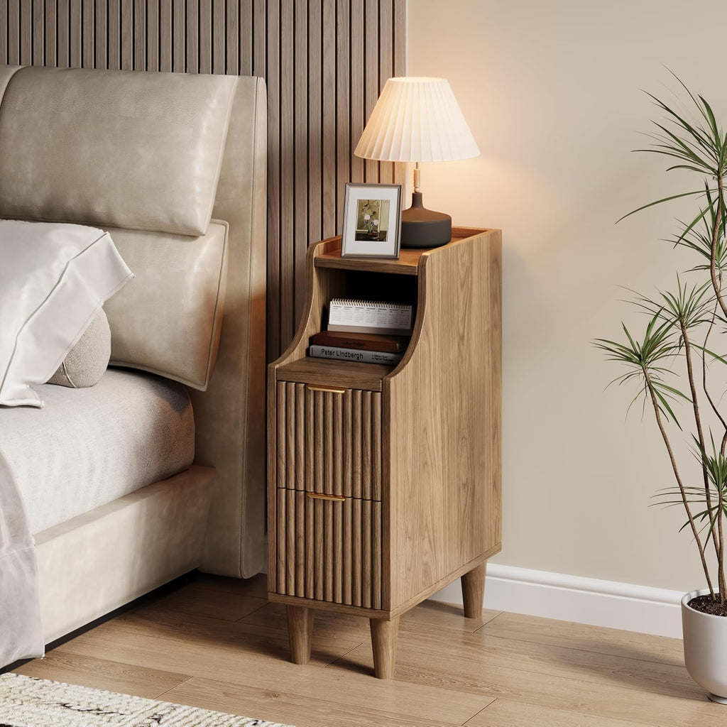 Fluted Nightstands Set of 2,Narrow Bedside Table with 2 Drawers & Storage, Farmhouse Walnut End Table Modern Side