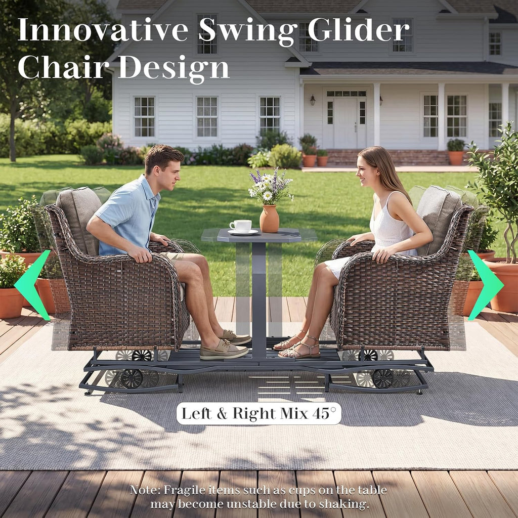 Luxury Outdoor Wicker Glider Rocker Chairs for 2 Seats, Patio Wicker Rattan Glider Rocker Chairs with Table, Rocker