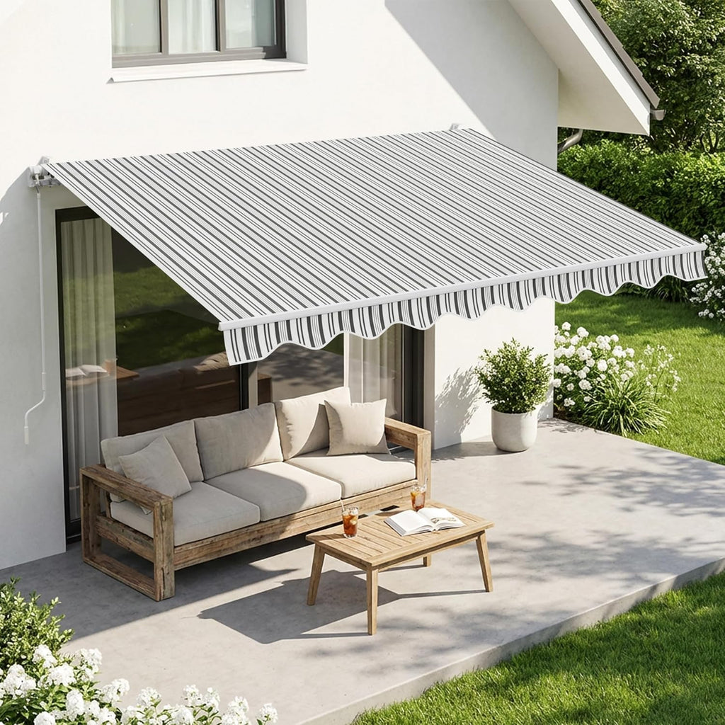 Retractable Patio Awning 11.5'×9.8', Grey with White Strip | Fully Assembled Retractable Balcony Awning, 280G