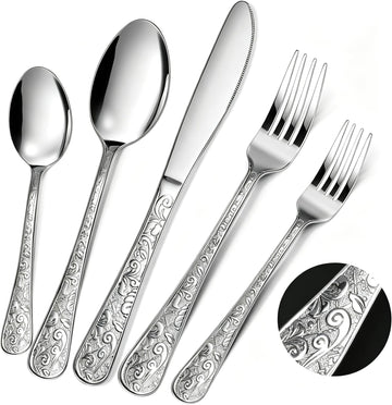 Silverware Set, 30 Pieces Vintage Carved Flatware Set for 6, Stainless Steel Cutlery Set