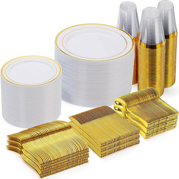 600 Pieces Gold Disposable Plates for 100 Guests, Plastic Plates for Party