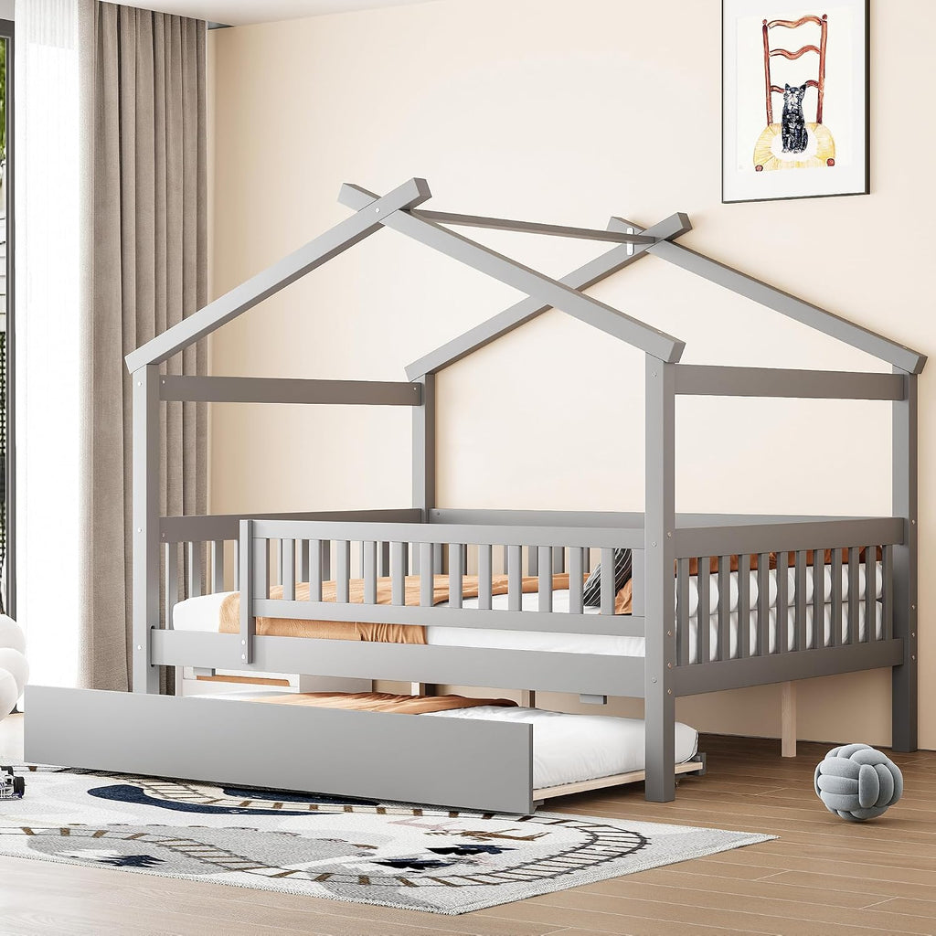 & Bright Designs House Bed with Trundle, Full Size Montessori Bed Frame with Fence Rails and Roof for Kids Girls &