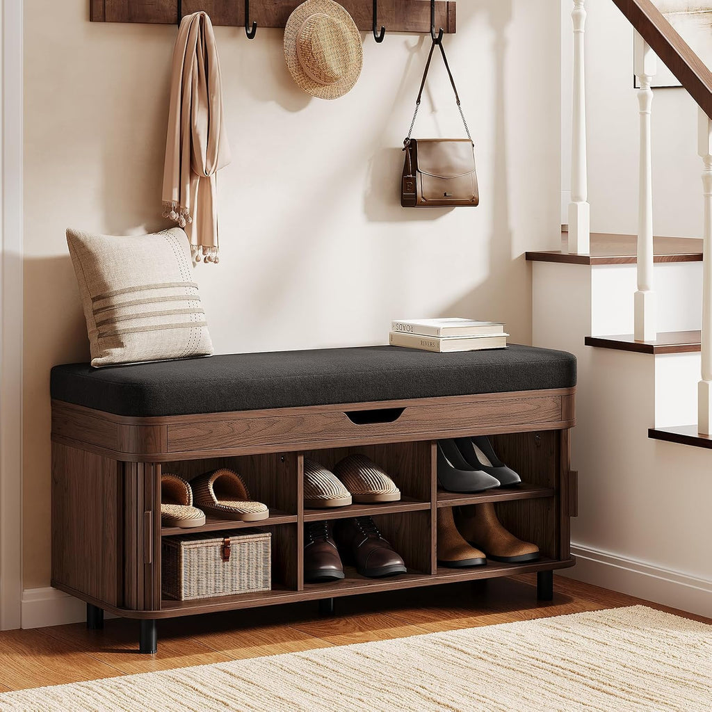 43.3" Shoe Storage Bench with Lift Top Storage, Entryway Bench with Storage&Cushion, Fluted Shoe Bench with Sliding