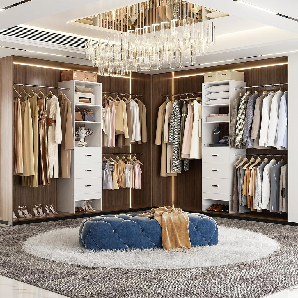 96'' Closet Organizer System with 3 Hanging Rods, 8FT Closet Organizers and Storage with 3 Wooden Drawers, Built in