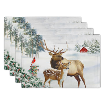 Winter Deer Placemats Set of 4 12x18 Inch Christmas Reindeers Elk Moose Place Mat Xmas Trees Snow Wildlife Table Mats