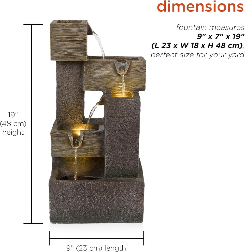 19" Multi-Tier Water Fountain with LED Lights - Cascading Waterfall Feature for Gardens, Patios, Yards, and Home