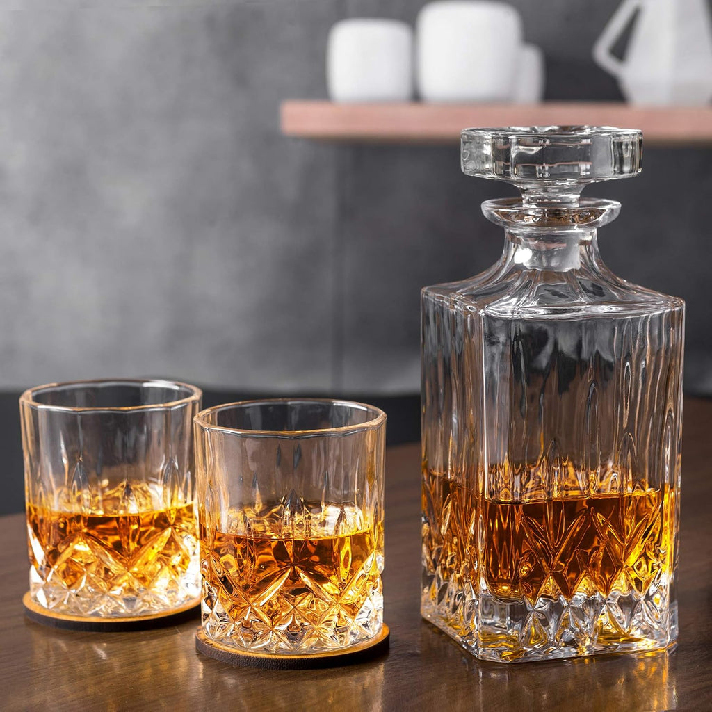 Whiskey Decanter And Glasses Set in Unique Gift Box - Original Crystal Liquor Decanter Set For Bourbon, Scotch - Set of 5
