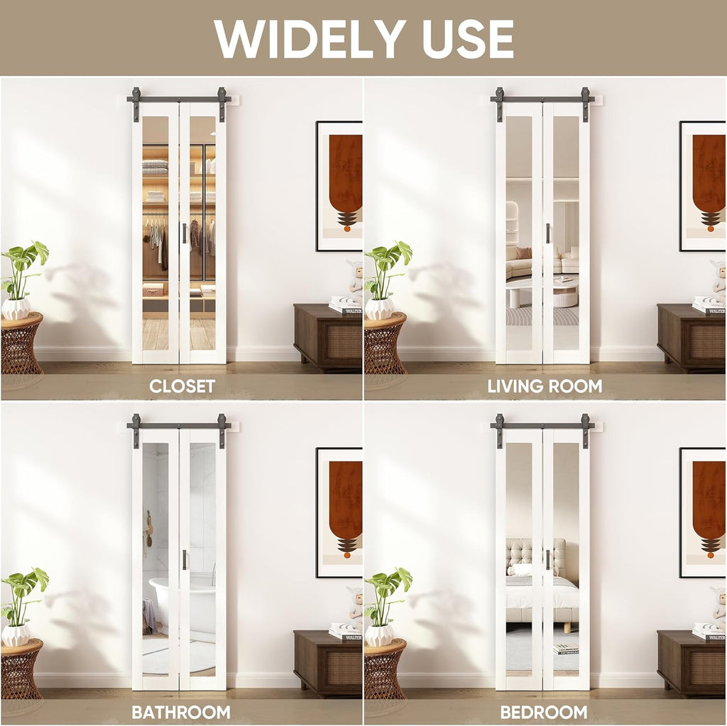 Bifold Barn Doors Mirror Closet Door, Bi fold Sliding Barn Doors with Hardware Include, Shatterproof
