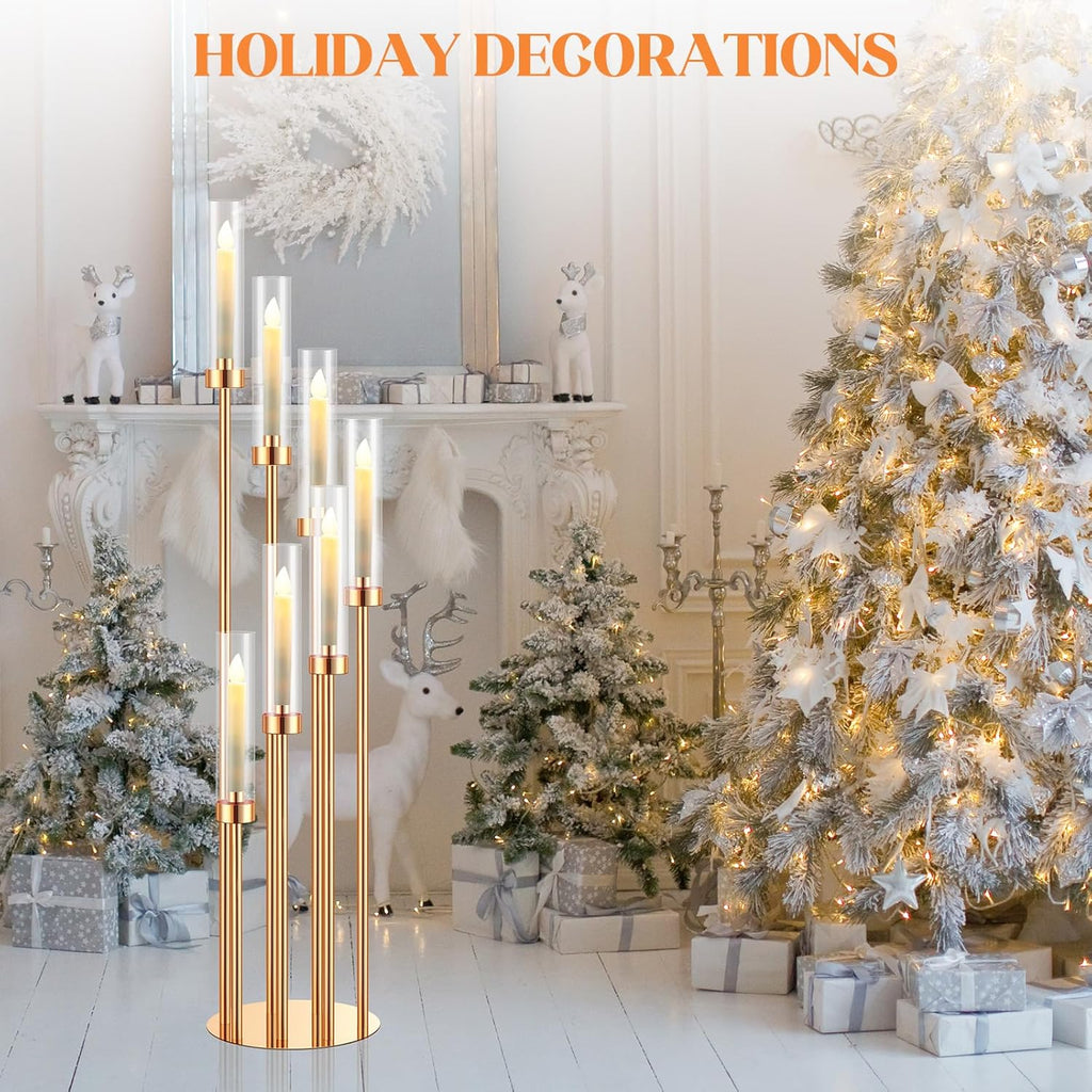 4 Sets Gold 7 Arm Floor Candelabra 46.5'' Tall Floor Candle Holders Metal Candle Holders with Acrylic