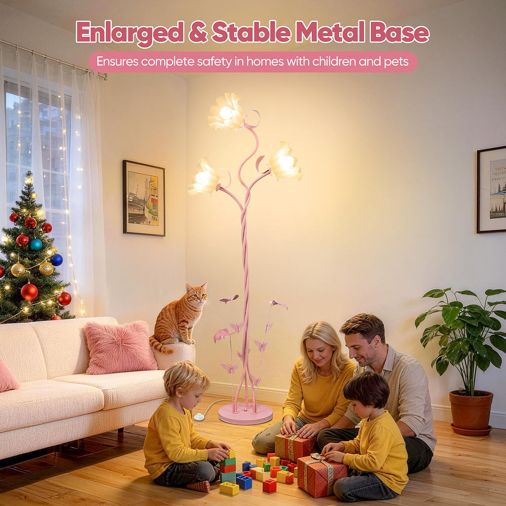 Flower Floor Lamp, 3-Head Whimsical Pink Floor Lamp with Flexible Gooseneck, 67'' Tall Retro Floral Standing Lamp