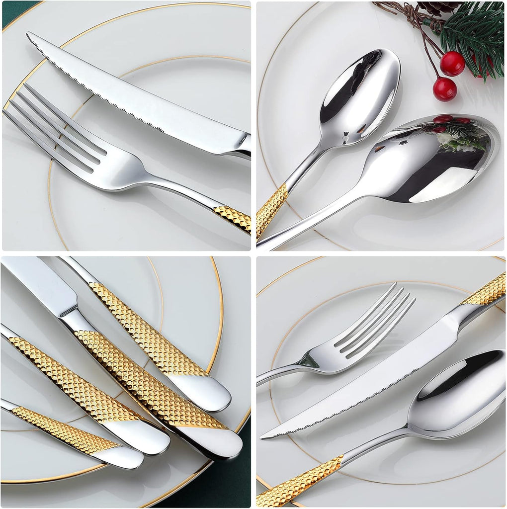 Hammered Silver Gold Silverware Set, 24-Piece 18/10 Stainless Steel Flatware Set, Service of 6