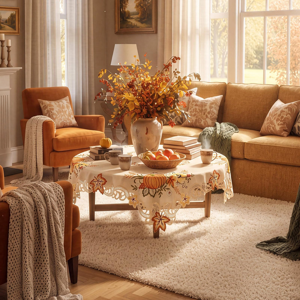 Thanksgiving Tablecloth 34'' Square Embroidered Fall Tablecloth