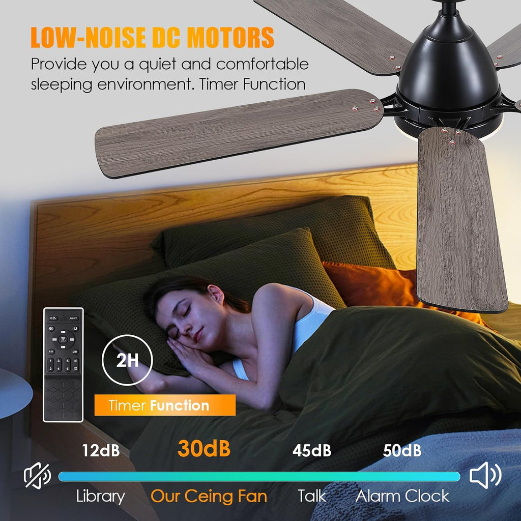 Ceiling Fans with Lights, 52 Inch Low Profile Ceiling Fan with Light and Remote Control,Reversible, 3CCT, Dimmable, Quiet, Black Ceiling Fan for Bedroom Indoor/Outdoor Use