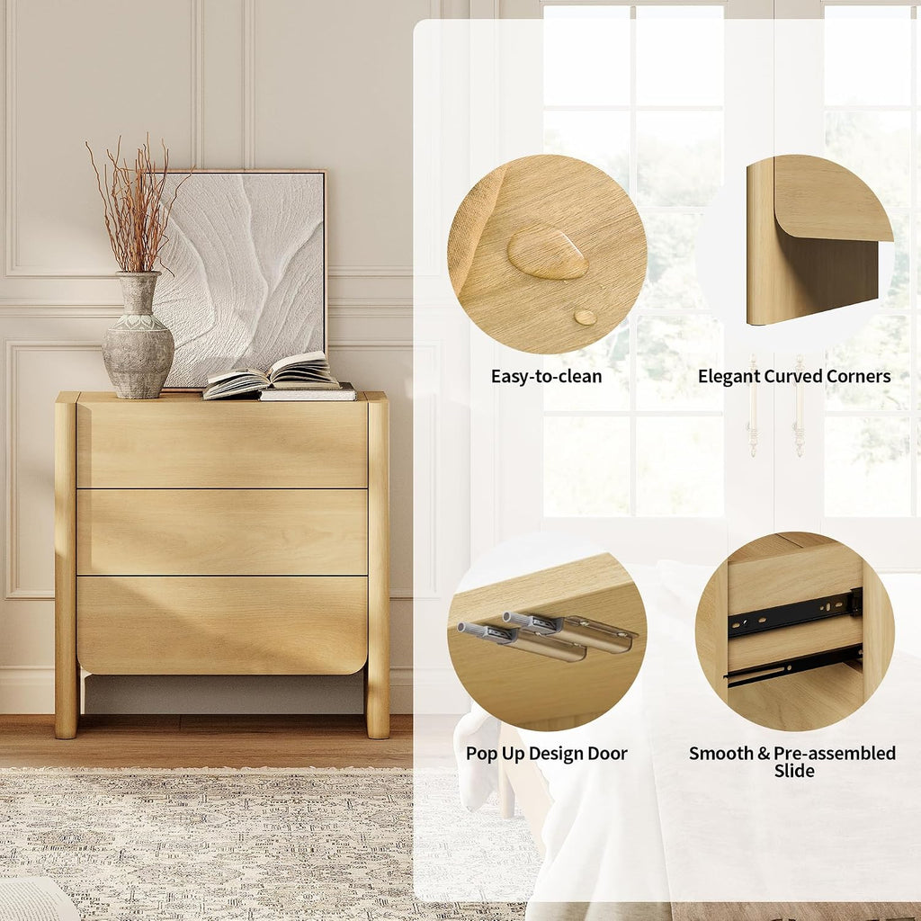 Night Stand with 3 Drawers, Wood Nightstand, Modern Bedside Table with Storage, Side Table & End Table , Rounded Wood