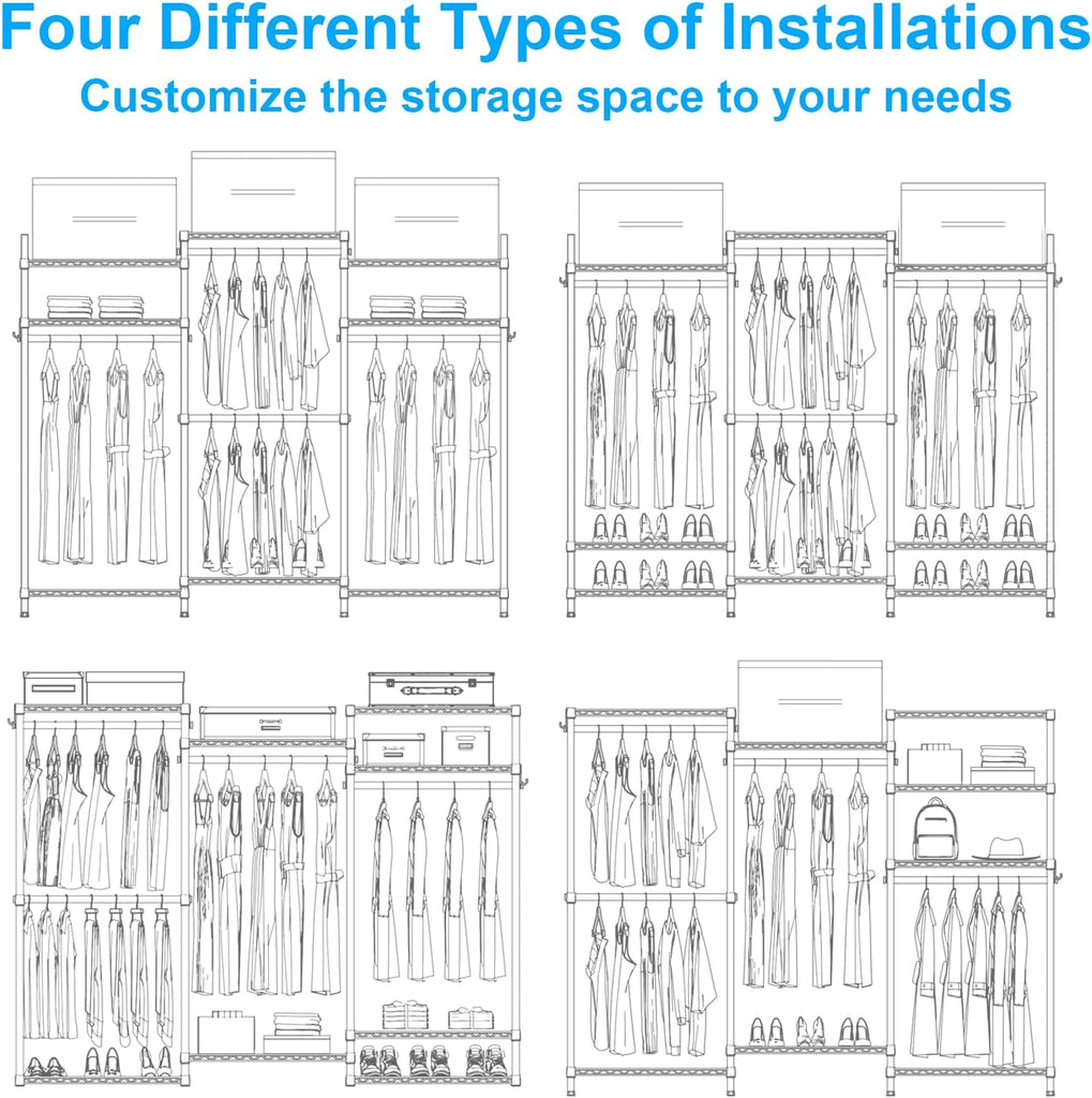E13C Heavy Duty Closet Organizer System,Freestanding Clothing Racks for Hanging Clothes,Adjustable Garment Rack 63" W
