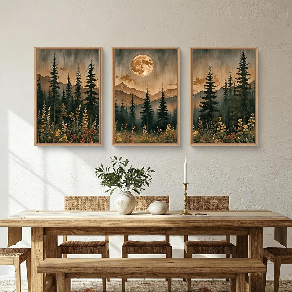 Vintage Boho Nature Moonlight Forest Mountain Framed Canvas Wall Art Set,Wilderness Dark Moon Woodland Floral
