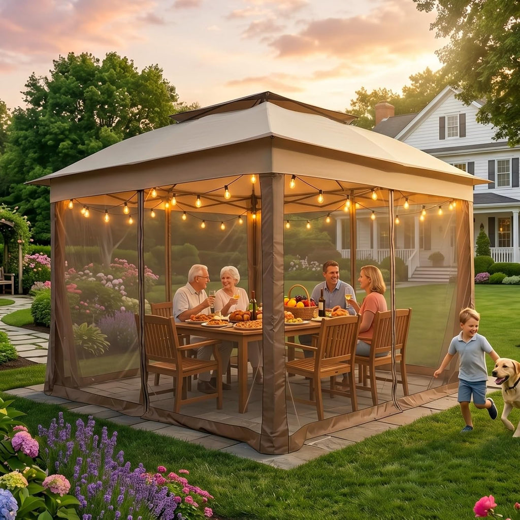 11x11 Pop Up Gazebo with Mesh Netting, Instant Outdoor Canopy Tent, Water Resistant Shelter with UPF 50+ UV Protection