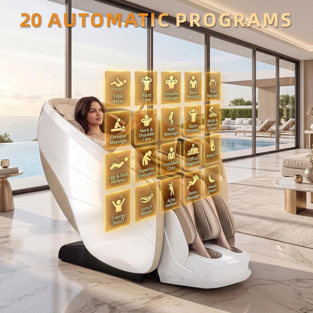 4D Massage Chair Zero Gravity Full Body SL Rail Massage Chair with 20 Auto Programs Built-in Aroma System (White)