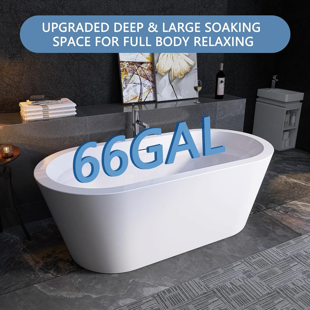 64" Free Standing Tub, Pure Acrylic Freestanding Bathtub, Stylish Stand Alone Contemporary Deep Soaking Bath Tub