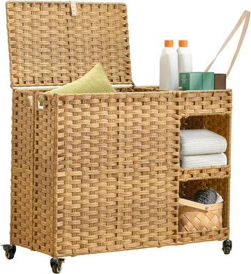 Laundry Hamper with Wheels, 42.3 Gal.(160 L) Laundry Sorter with Shelves, Rattan Clothes Hamper with 4 Removable