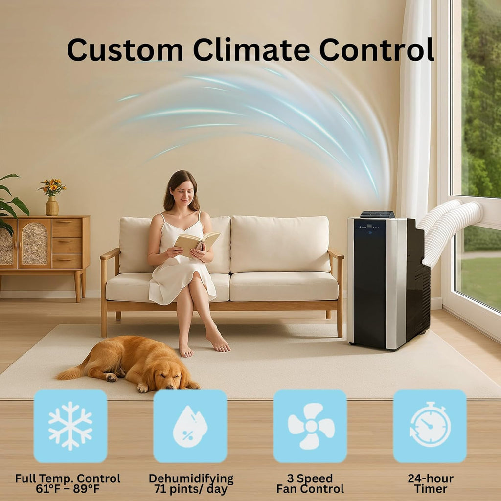 Portable Air Conditioner 14,000 BTU with Dual Hose Dehumidifier & Cooling Fan for 500 Sq Ft Rooms