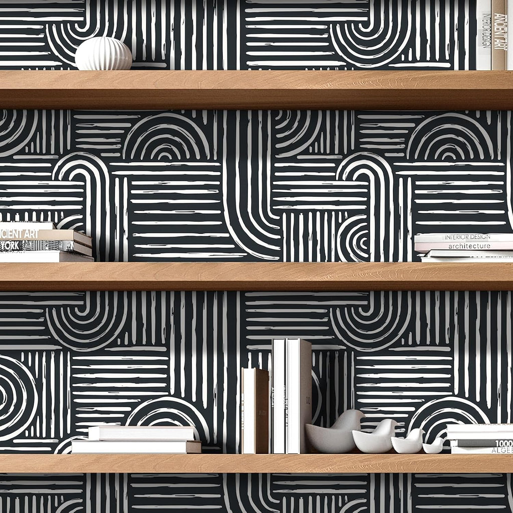 17.5x276 Mid Century Modern Wallpaper Geometric Black and White Peel and Stick Wall Paper with Designs Abstract