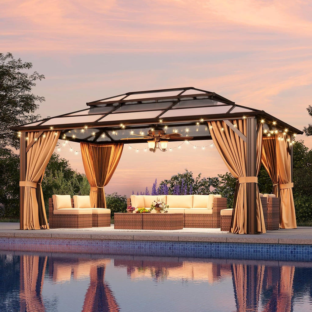 12'x16' Hardtop Gazebo, Outdoor Metal Gazebo with Double Polycarbonate Roof Canopy